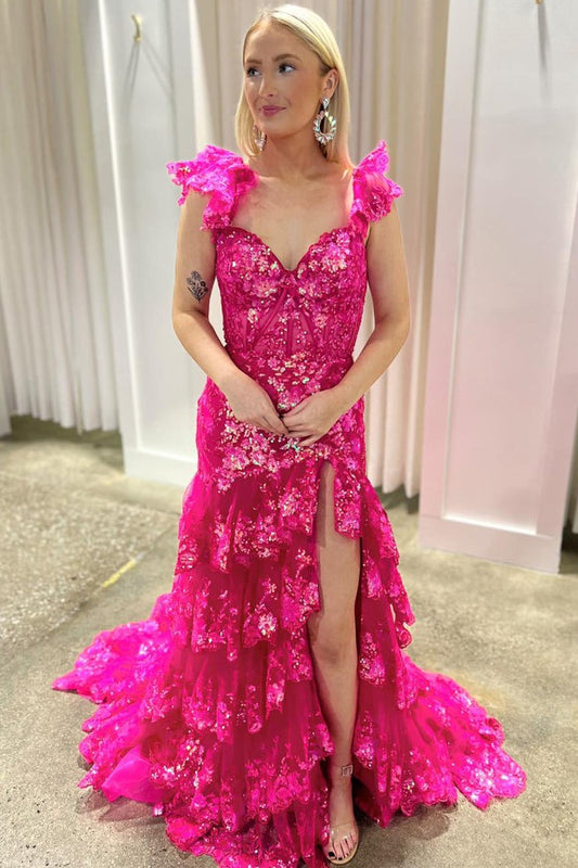 Hot Pink Sweetheart Tiered Ruffled Sequin Lace Long Prom Dresses, PD25716