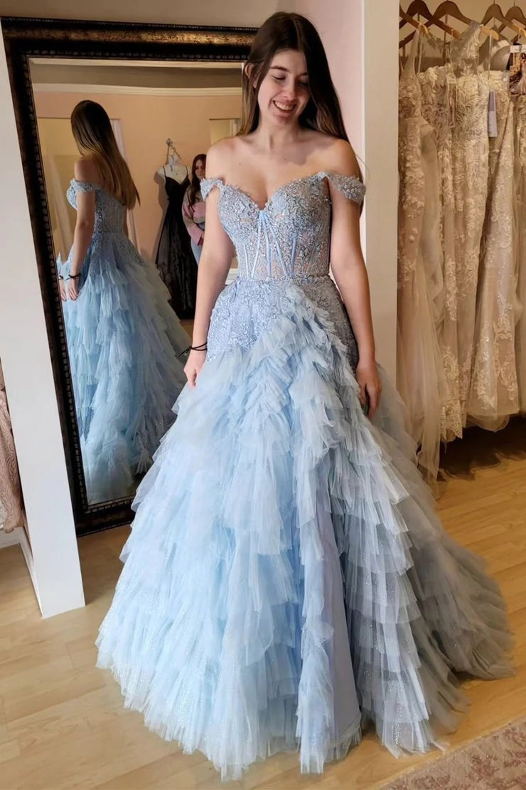 light blue tiered prom dress Light Blue Prom Dress With Tiered Skirt