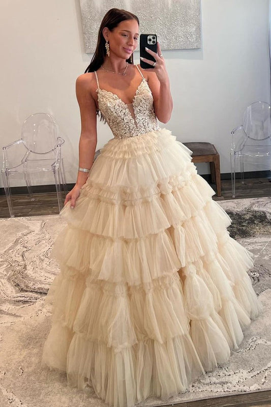 Champagne V Neck Tiered Tulle Long Prom Dress with Appliques, PD25487