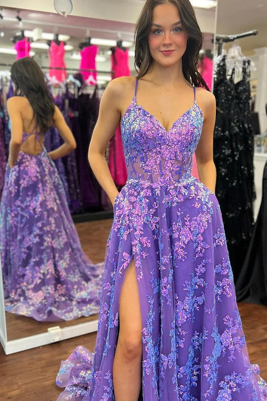 Purple Sequins Lace V Neck Long Prom Dresses with Slit, PD25467
