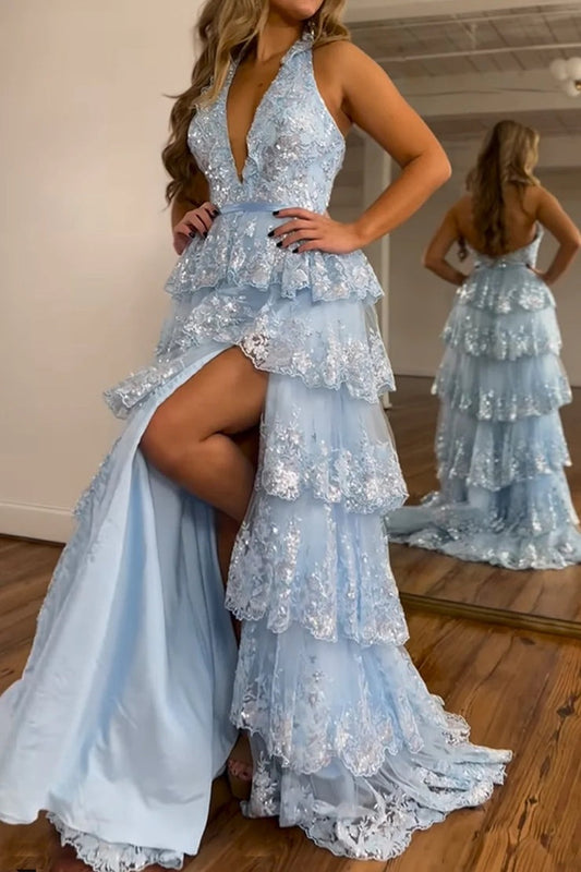 Sparkly Light Blue Halter Backless Lace Tiered Long Prom Dress with Slit, PD25646