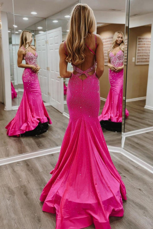 Hot Pink V Neck Beaded Satin Mermaid Long Prom Dresses, PD25711