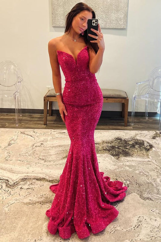 Fuchsia Sequins Strapless Mermaid Cute Long Prom Dress, PD25417