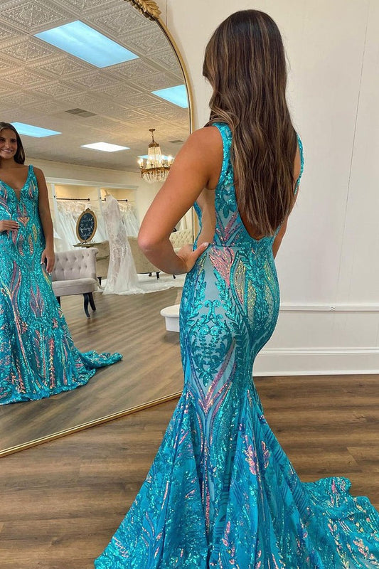 Teal Sparkly Sequins Lace Mermaid V Neck Cute Prom Dress, PD25491