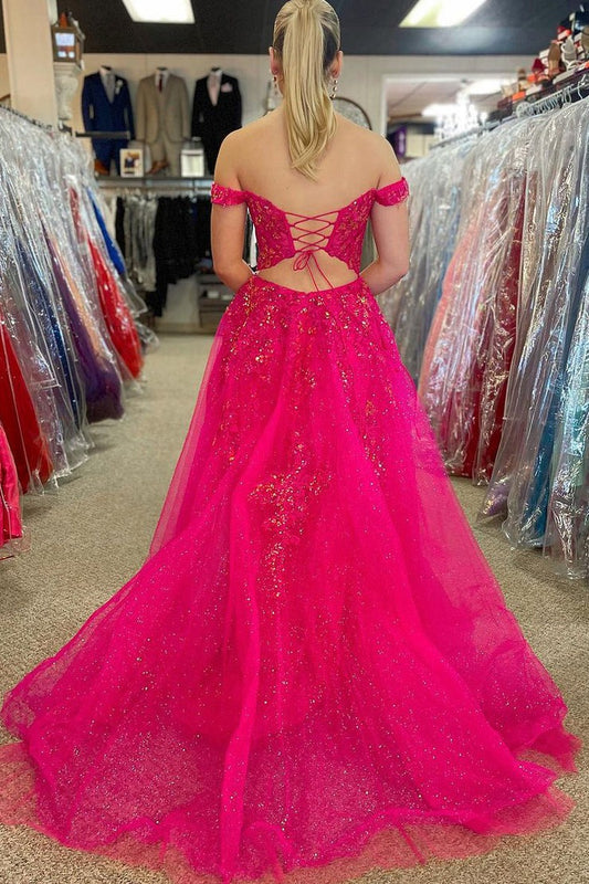 Fuchsia Tulle Off the Shoulder Long Prom Dresses with Appliques, PD25501