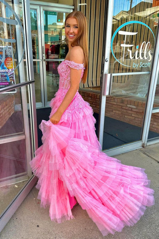 Pink Off - the - Shoulder Tulle Ruffle Long Prom Dresses, PD25541