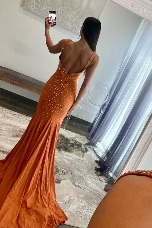Orange Mermaid V Neck Beaded Long Prom Dresses, PD25581