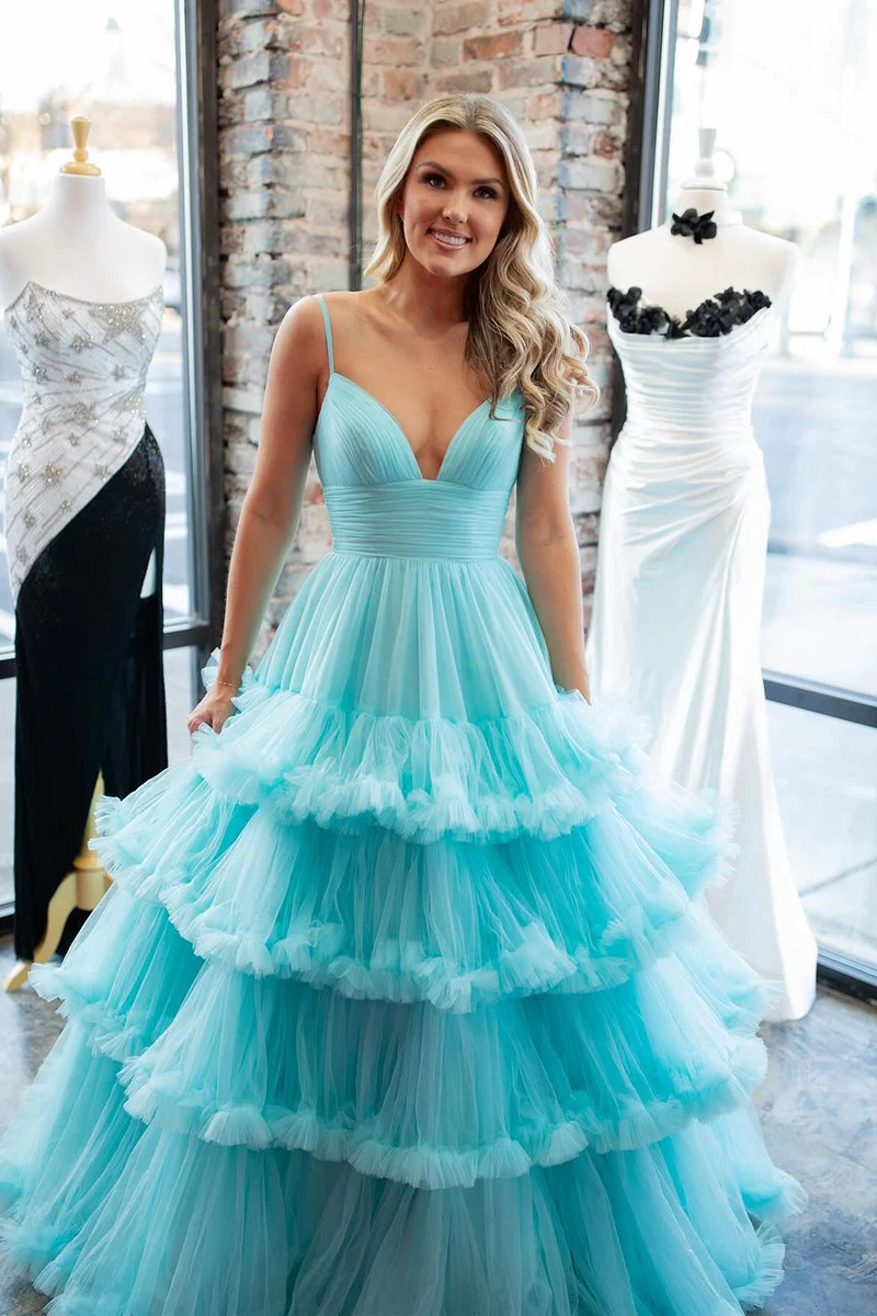 Charming Tiered Tulle A-line V-neck Long Prom Dress - JLDressCA Charming Tiered Tulle A-line V-neck Long Prom Dress - JLDressCA