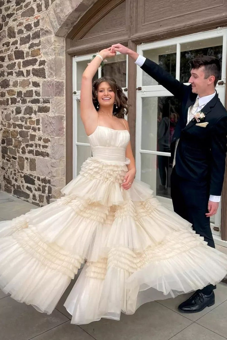 white elegant dresses knee length ELEGANT CHAMPAGNE ROUND NECK SEQUIN LONG PROM DRESS TULLE FORMAL DRESS –  classygown main image 0