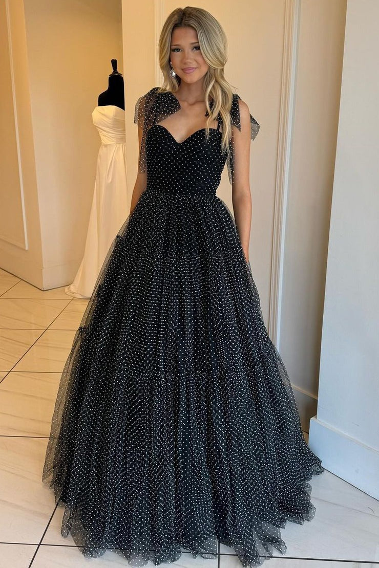 Elegant Polka-Dot Sweetheart Ruffle Long Tulle Prom Dress