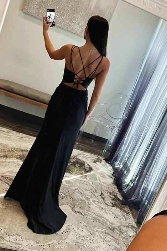 Black Satin Mermaid V Neck Beaded Long Prom Dresses, PD25398