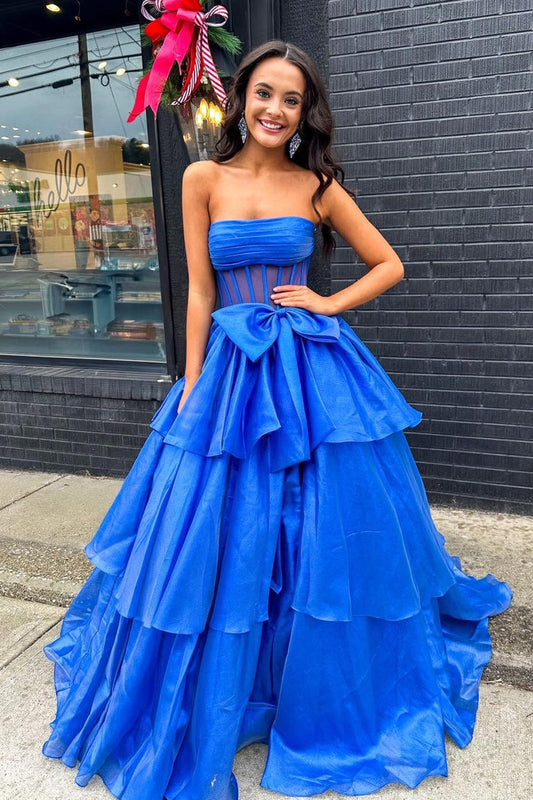 Royal Blue Strapless Organza Long Ball Gown Prom Dress with Bow, PD25738