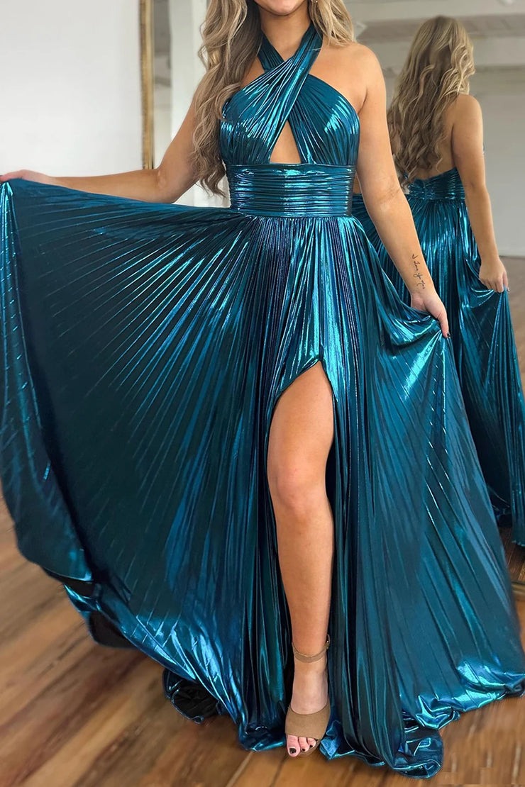 Turquoise Glitter Metallic Halter Cut Out Backless Long Prom Dress with Slit, PD25647 - US0 / Pic Color Turquoise Glitter Metallic Halter Cut Out Backless Long Prom Dress with Slit, PD25647 - US0 / Pic Color