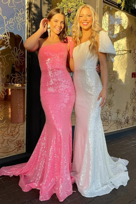 Neon Pink One - Shoulder Sequin Bow Strap Trumpet Long Prom Dress, PD25657