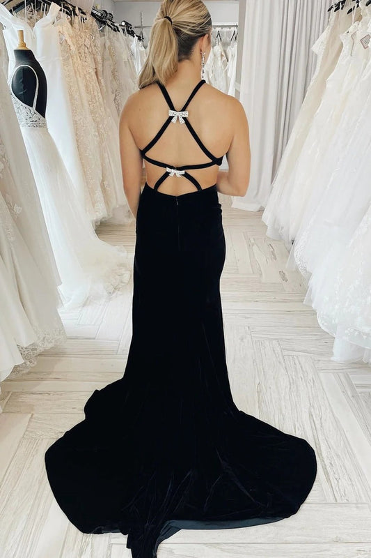Black Halter Cutout Velvet Mermaid Long Formal Dress with Slit, PD25687