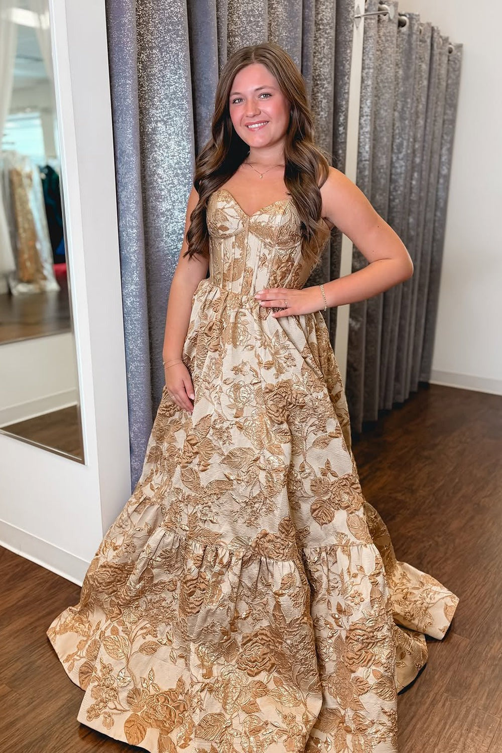 gold jacquard dress Ribbed Flowered Metallic Jacquard Gown GOLD main image 0