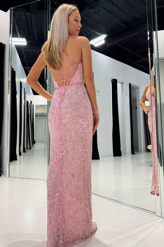 Pink Mermaid V Neck Sequins Appliques Long Prom Dresses, PD25517