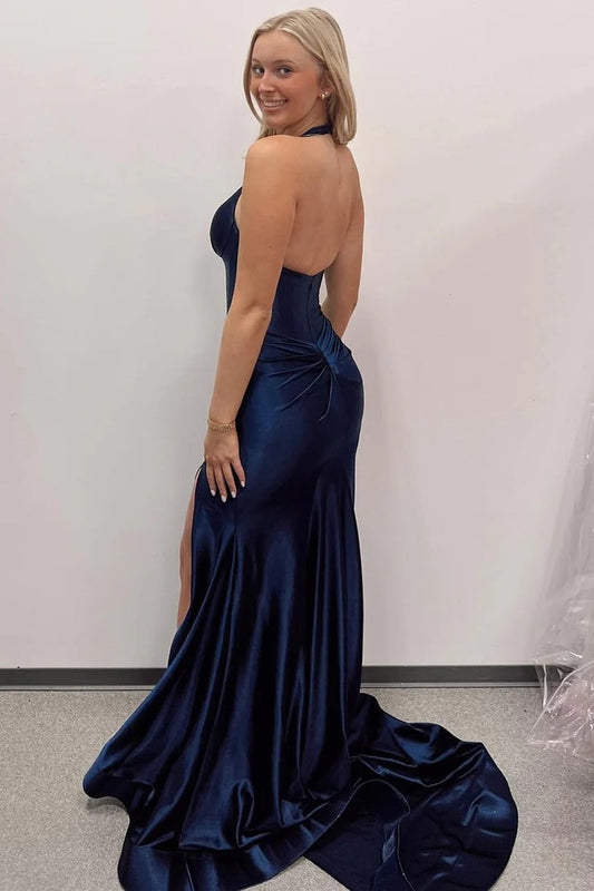 Navy Blue Mermaid Halter Satin Long Prom Dresses, PD25549