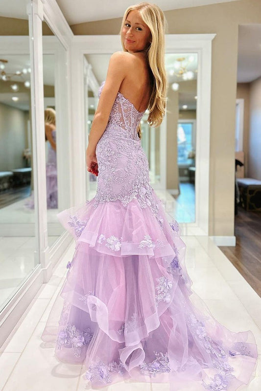 Tulle Mermaid Sweetheart Charming Long Prom Dresses with Appliques, PD25488