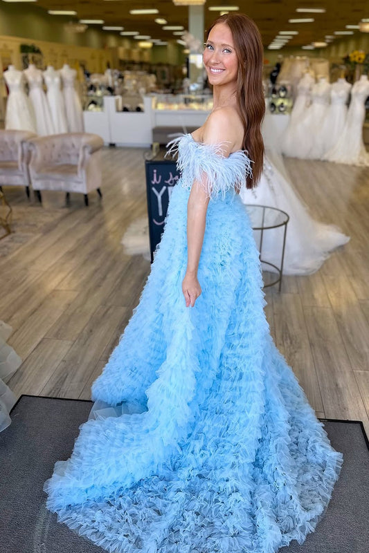 Light Blue Off the Shoulder A-Line Tulle Long Prom Dress with Slit, PD25817