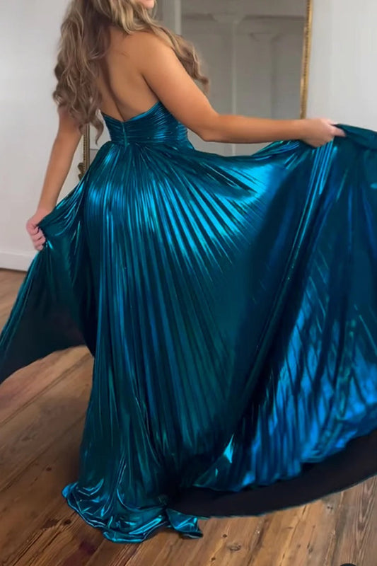 Turquoise Glitter Metallic Halter Cut Out Backless Long Prom Dress with Slit, PD25647