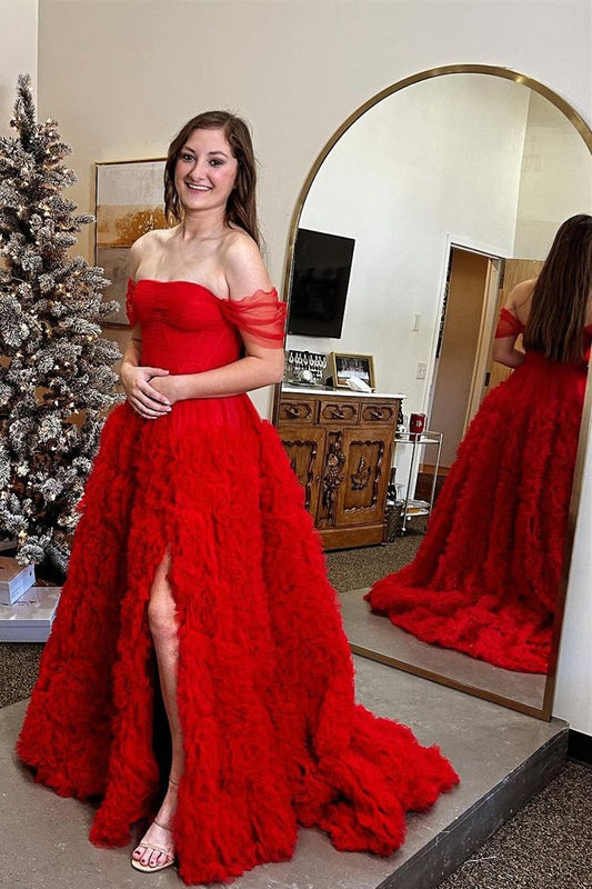 Red Off the Shoulder A-Line Ruffle Prom Dress with Slit, PD25676