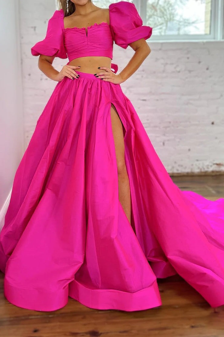 Hot Pink A-Line Long Prom Dress with Short Sleeves and Slit