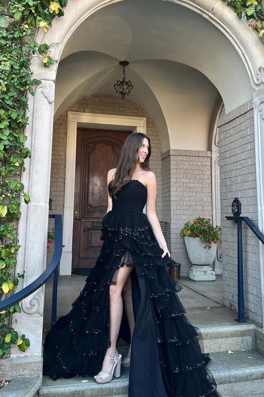 Black Strapless Tiered Tulle Long Prom Dresses, PD25609