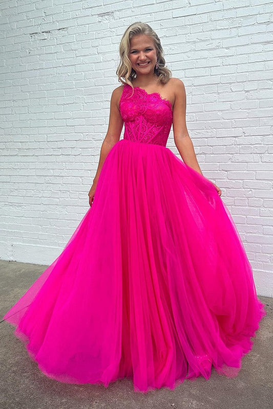 Hot Pink Tulle A - Line Long Prom Dress with Detachable Long Sleeves and Lace, PD25510