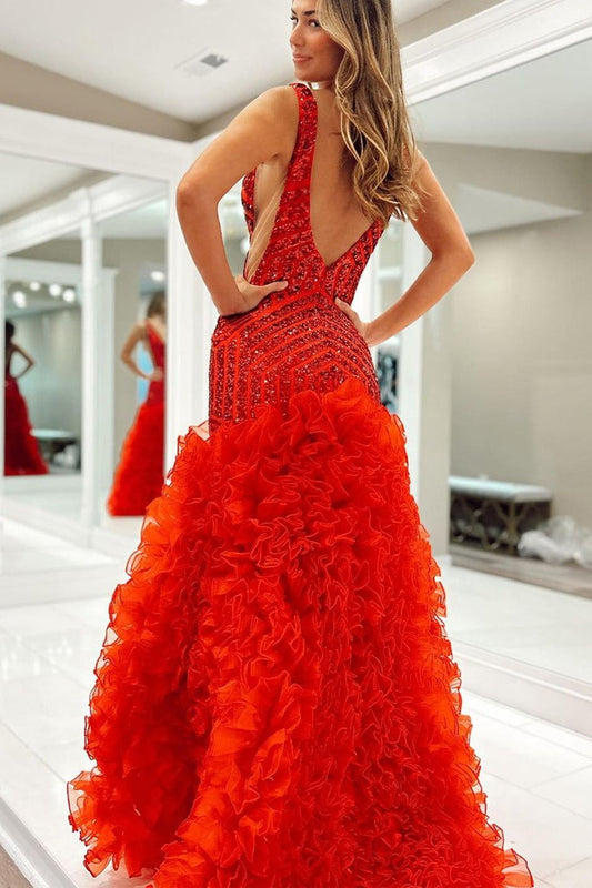 Red Mermaid V Neck Sequins Ruffle Long Prom Dresses, PD25518
