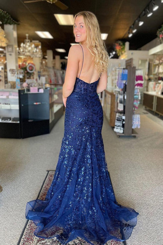 Navy Blue Sequins Appliques Mermaid Scoop Neck Long Prom Dress, PD25419