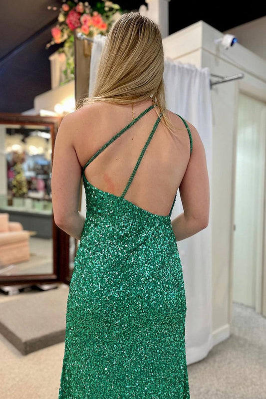 Green Mermaid One Shoulder Sequins Long Prom Dress, PD25579