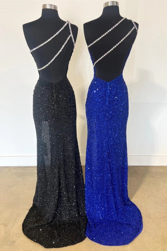 Black One Shoulder Mermaid Sequin Rhinestone Long Prom Dress, PD25730