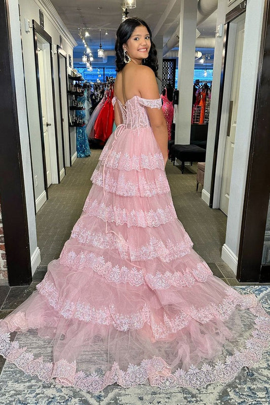 Pink Off the Shoulder Tiered Tulle Lace Long Prom Dress with Slit, PD25789
