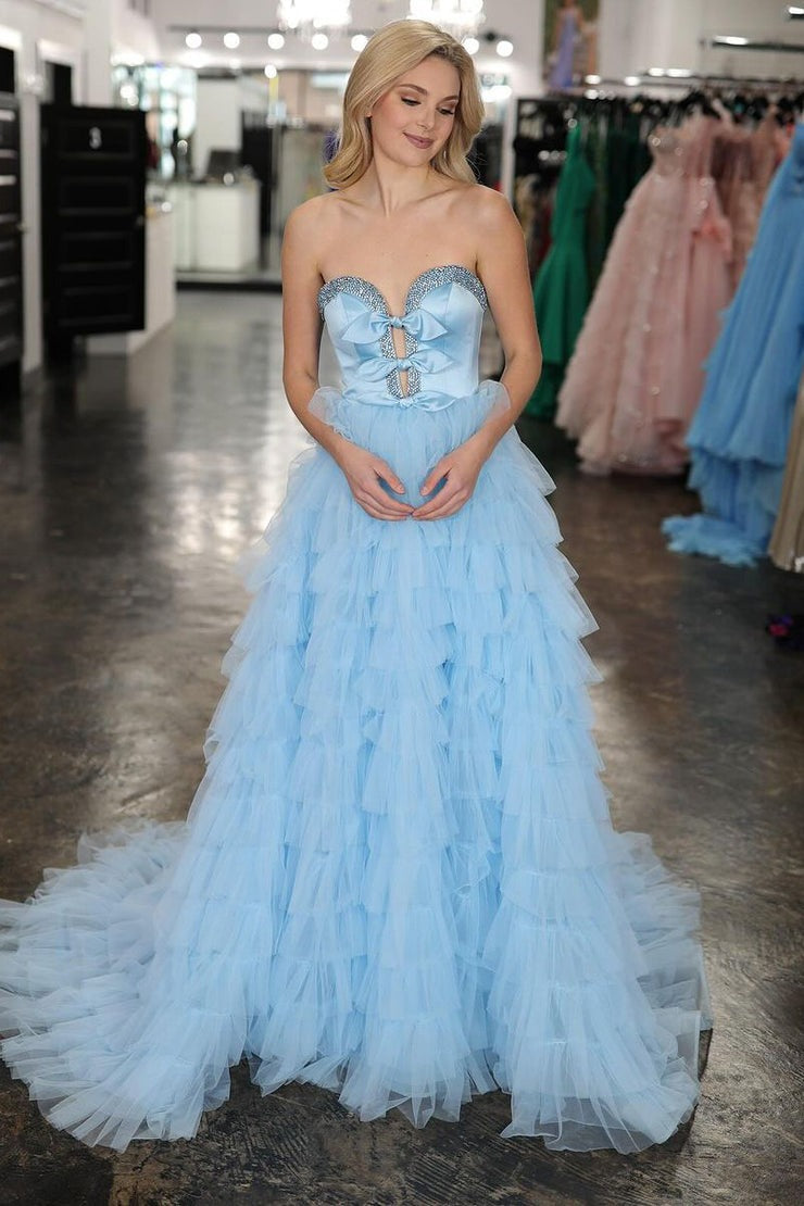 A-Line Strapless Ruffle Tiered Tulle Long Prom Dress | JLDressCA A-Line Strapless Ruffle Tiered Tulle Long Prom Dress | JLDressCA