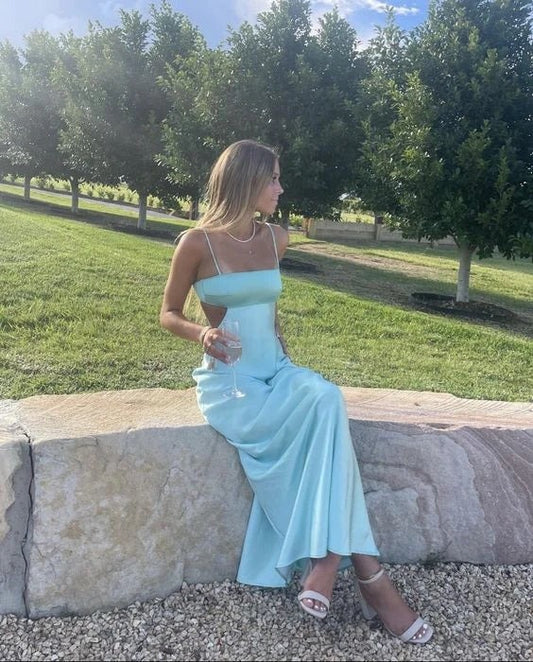 Aqua Blue Sheath Straps Silk Satin Prom Dress, PD25760