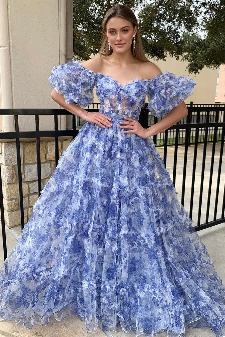strapless open back dress V-Neck Navy Blue Ruffle Tiered Tulle Prom Dress with Slit main image 1