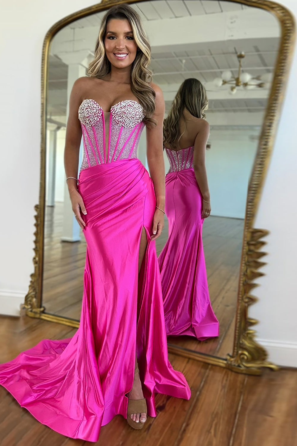 gold strapless bridesmaid dress ZAPAKA Women Fuchsia Long Prom Dress A-Line Bow One Shoulder Satin Evening Dress, Fuchsia / US2 main image 0