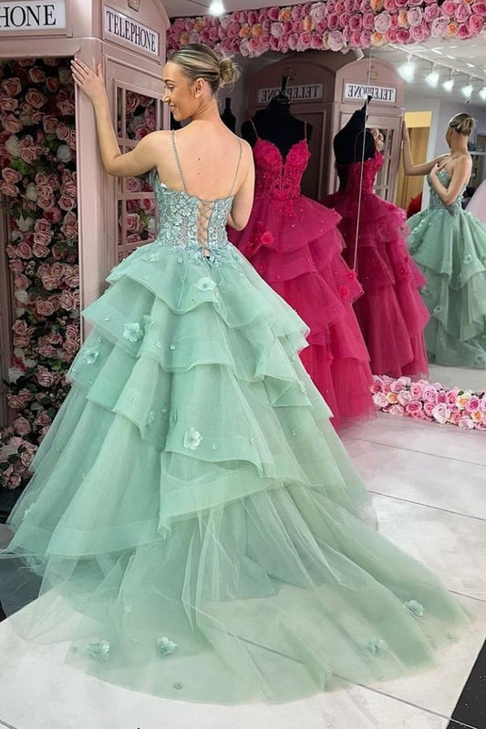 Green Sweetheart Tiered Ruffle Long Prom Dresses with Appliques, PD25539