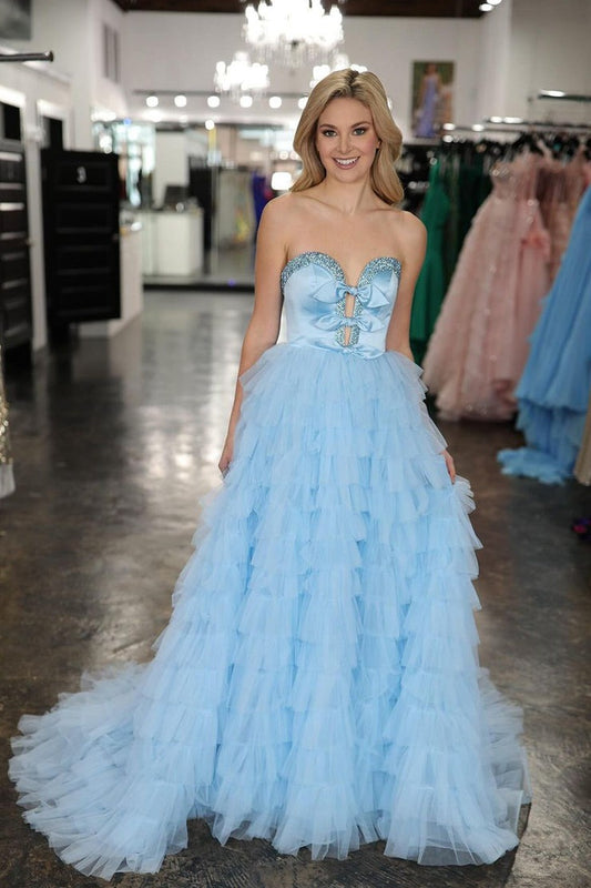 Tulle A-Line Strapless Ruffle Tiered Long Prom Dress, PD25420