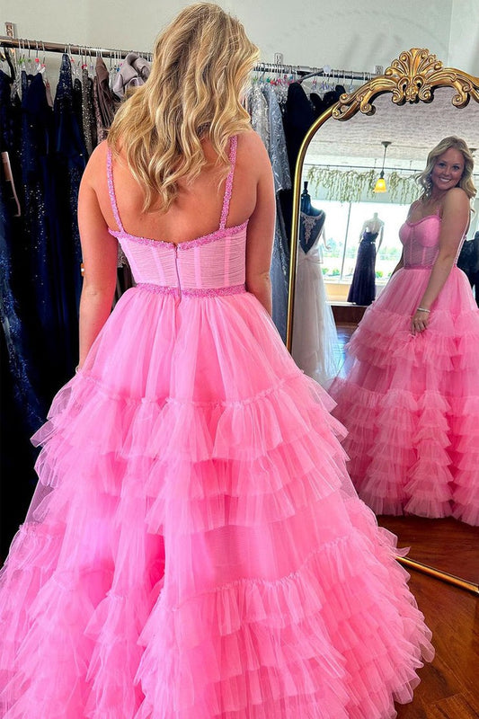 Sweetheart Pink Ruffle Tiered Tulle Prom Dress with Beading, PD25137