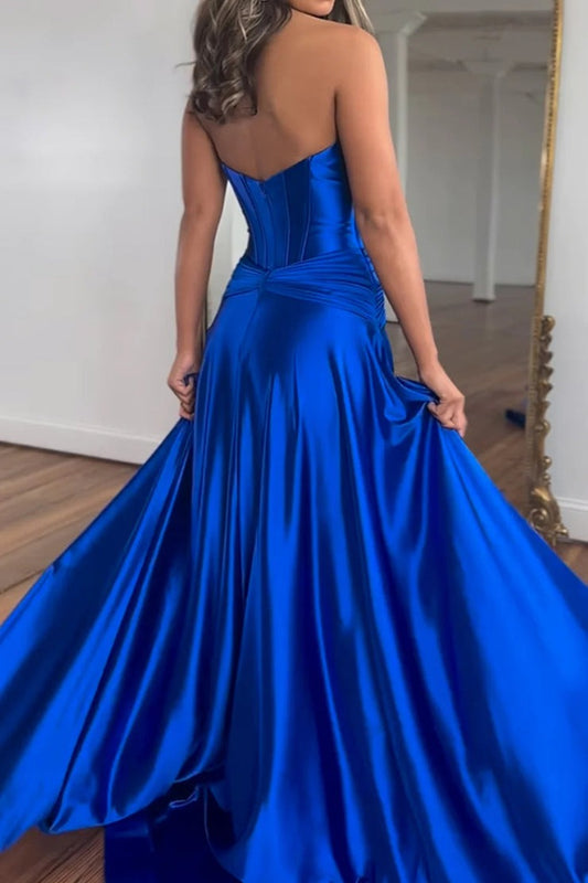 Royal Blue A - Line Corset Satin Long Prom Dress with Slit, PD25649