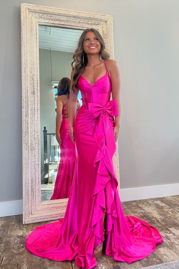 pink bow prom dress Pink Mermaid V-Neck Satin Prom Dress With Slit And Bow