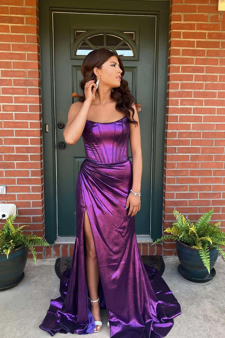Elegant Mermaid Scoop Neck Satin Purple Prom Dresses with Slit