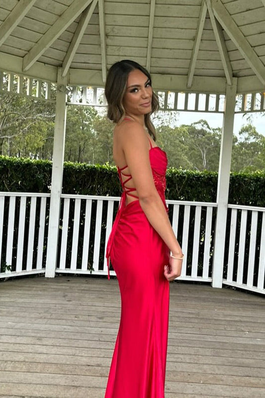 Red Mermaid Cowl Neck Prom Dresses with Slit, PD25262