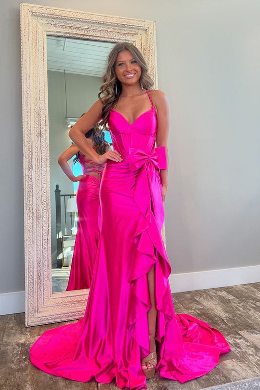 Pink Mermaid V Neck Satin Cute Prom Dress with Slit and Bow, PD25540