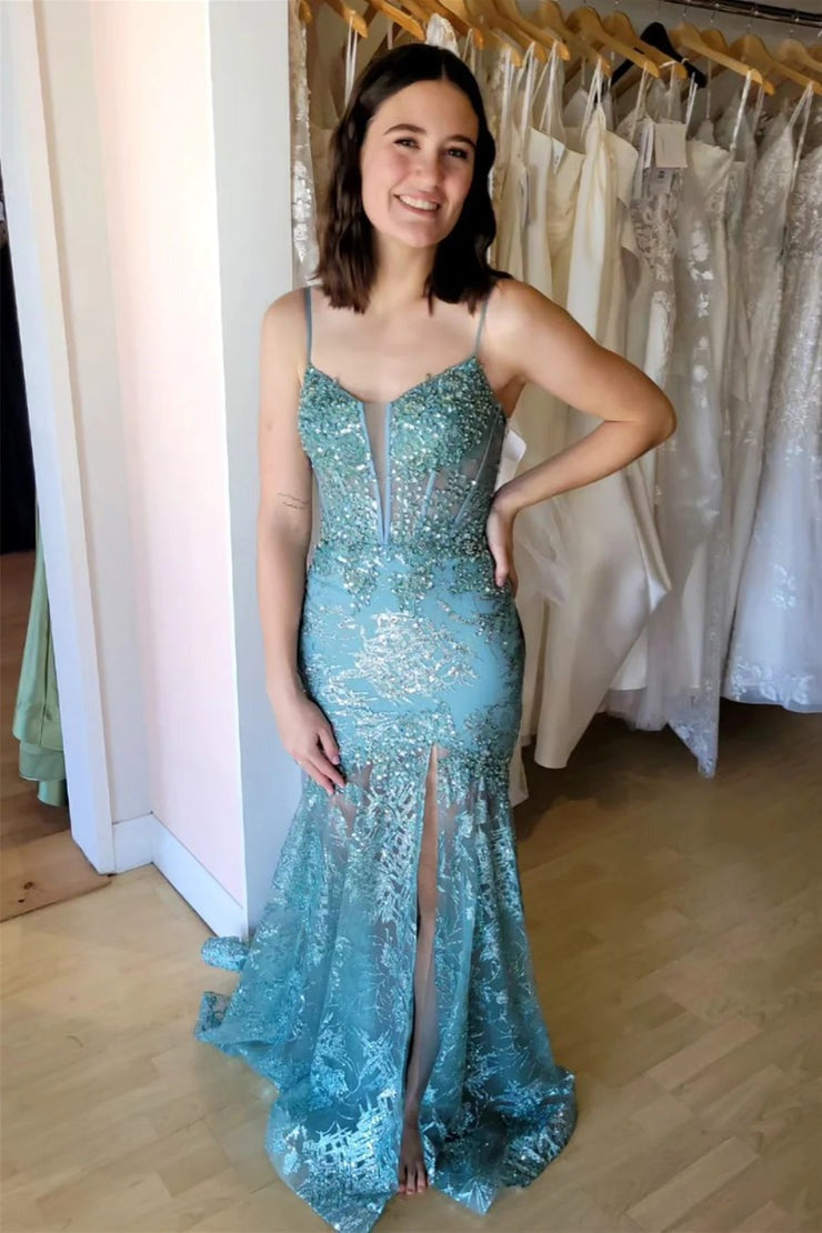 Aqua Mermaid Sequined Long Prom Dress | Spaghetti Straps | Slit Design | JLDressCA Aqua Mermaid Sequined Long Prom Dress | Spaghetti Straps | Slit Design | JLDressCA
