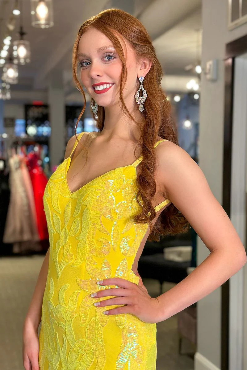 Yellow Sequin Lace Mermaid V-Neck Backless Long Prom Dress | JLDressCA Yellow Sequin Lace Mermaid V-Neck Backless Long Prom Dress | JLDressCA
