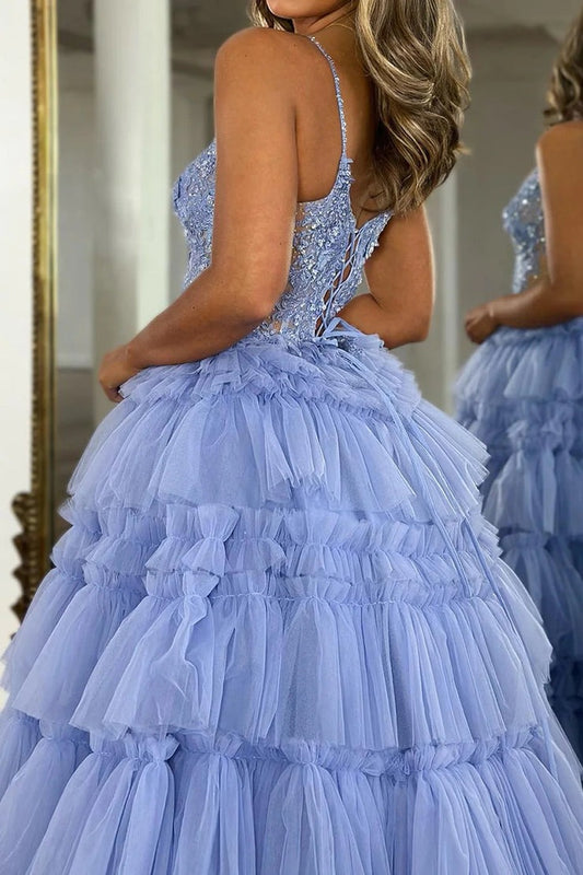 Lilac Sparkly Corset Beaded Tiered Long Prom Dress with Slit, PD25631