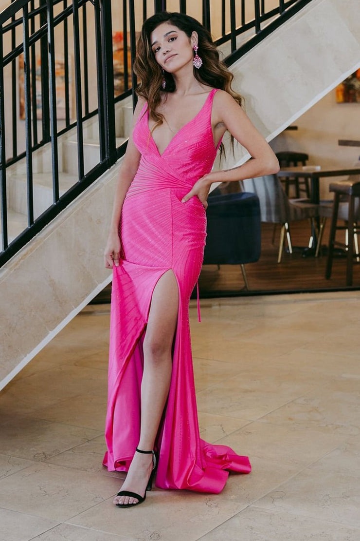 Hot Pink Sparkly Beaded Mermaid Backless Long Prom Dress with Slit |  JLDressCA